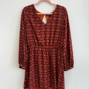 Express Vibrant Orange and Black Patterned Long Sleeve Dress